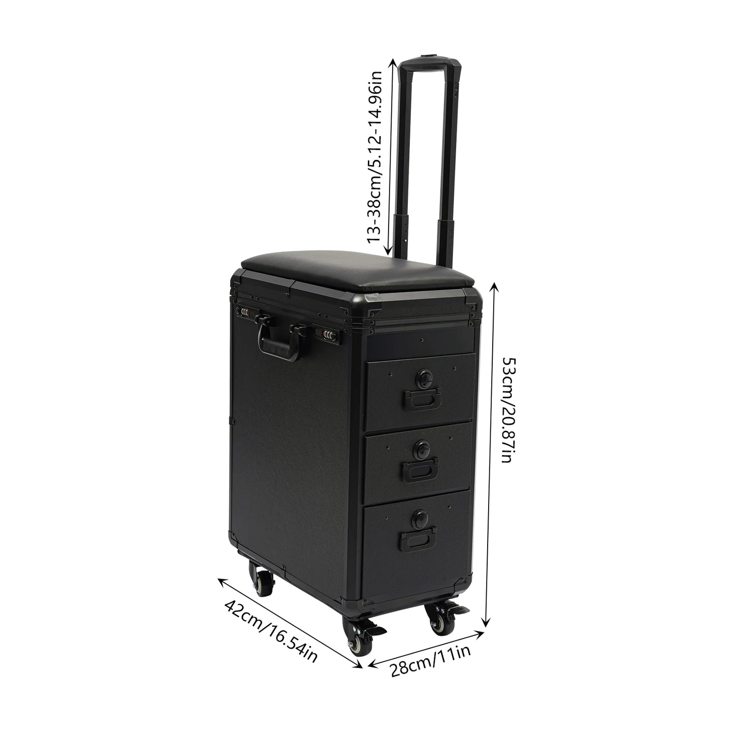 3 Drawers Rolling Makeup Case Tattoo Suitcase Mobile Manganese Steel Makeup Case with Combination Lock 4 Wheels 2 Brakes