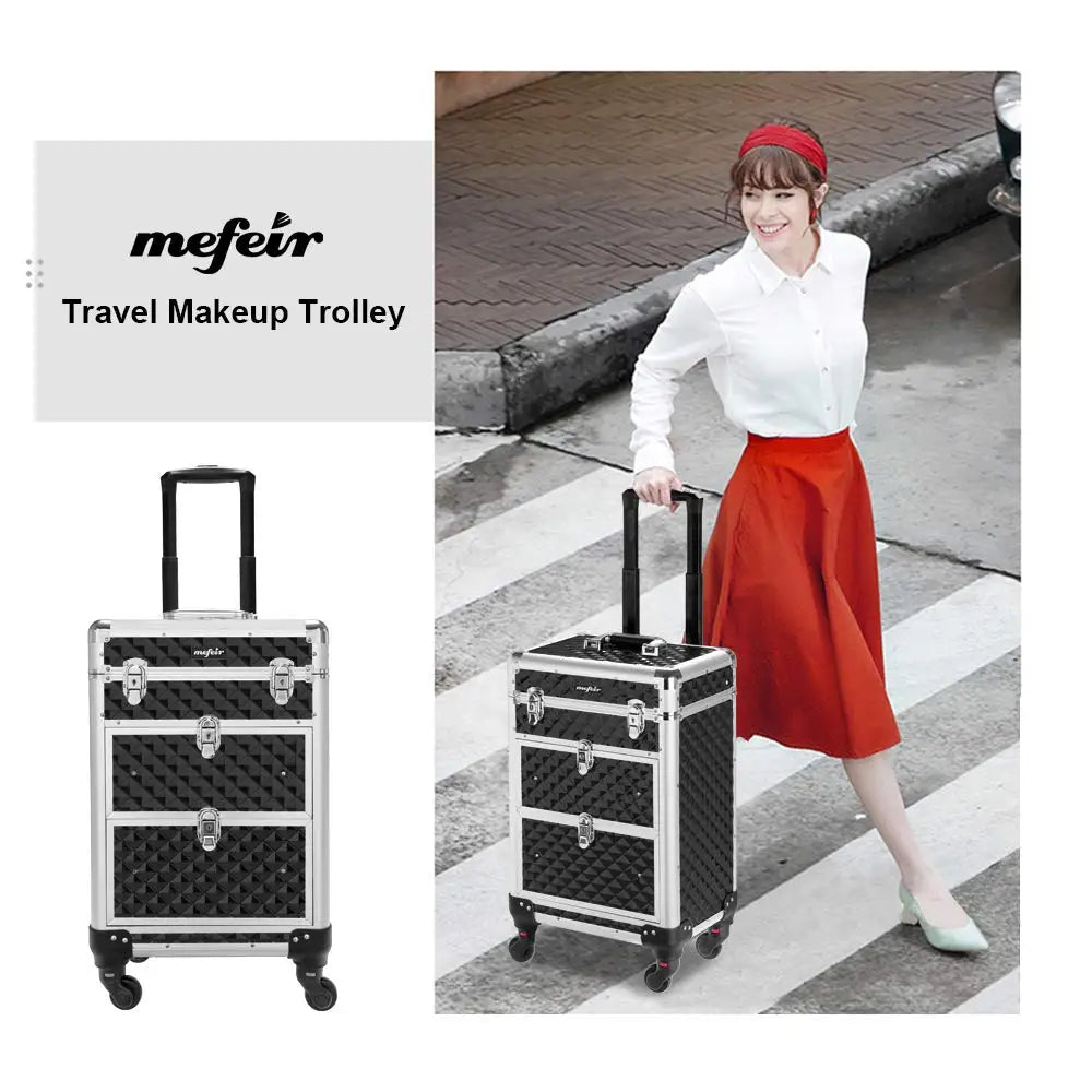 Portable Aluminum Rolling Makeup Case with Lock, Wheels & Drawers for Travel Organizer