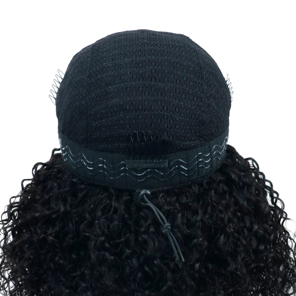 3 In 1 Human Hair Half Wig Glueless Drawstring Clip In Kinky Curly Headband Wig Natural Color Seamless Natural Looking For Women