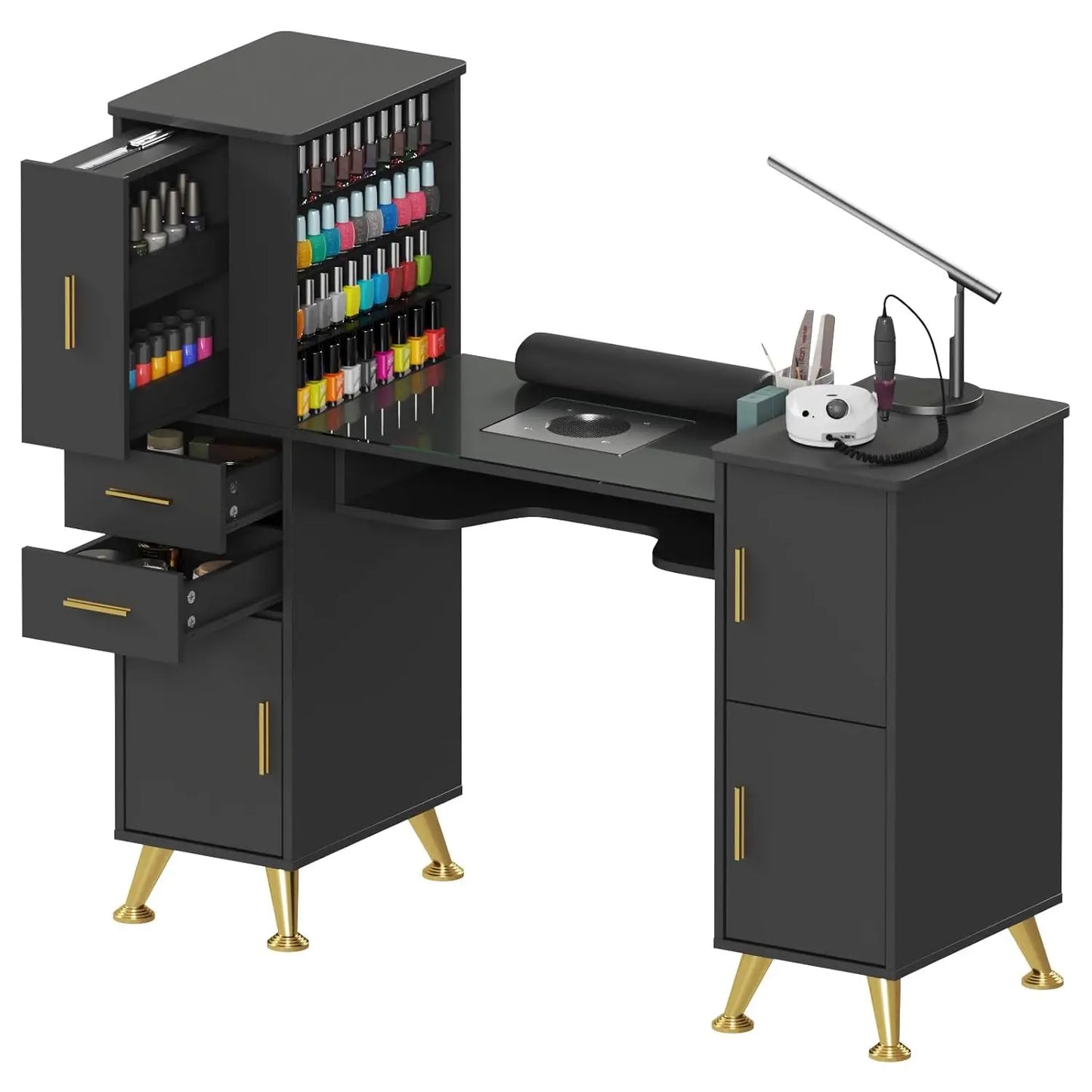 Glass Top Manicure Table w/ Dust Collector, Storage Drawers & Cabinets, Nail Desk for Salon, White, Custom
