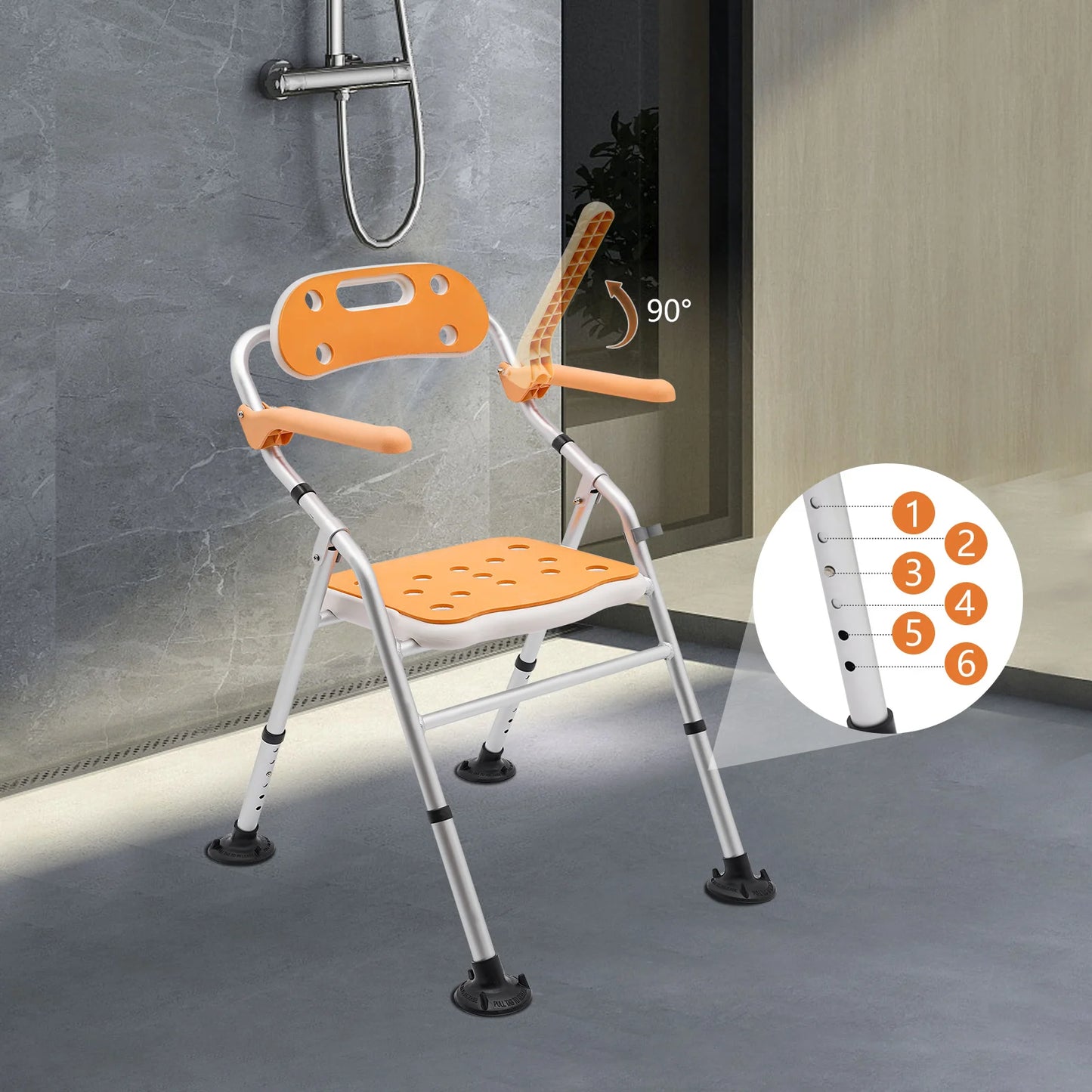 Shower Chair with Armrests Backrest Height Adjustable Shower Stool Folding Shower Seat Bathroom Stool Bath Chair Orange