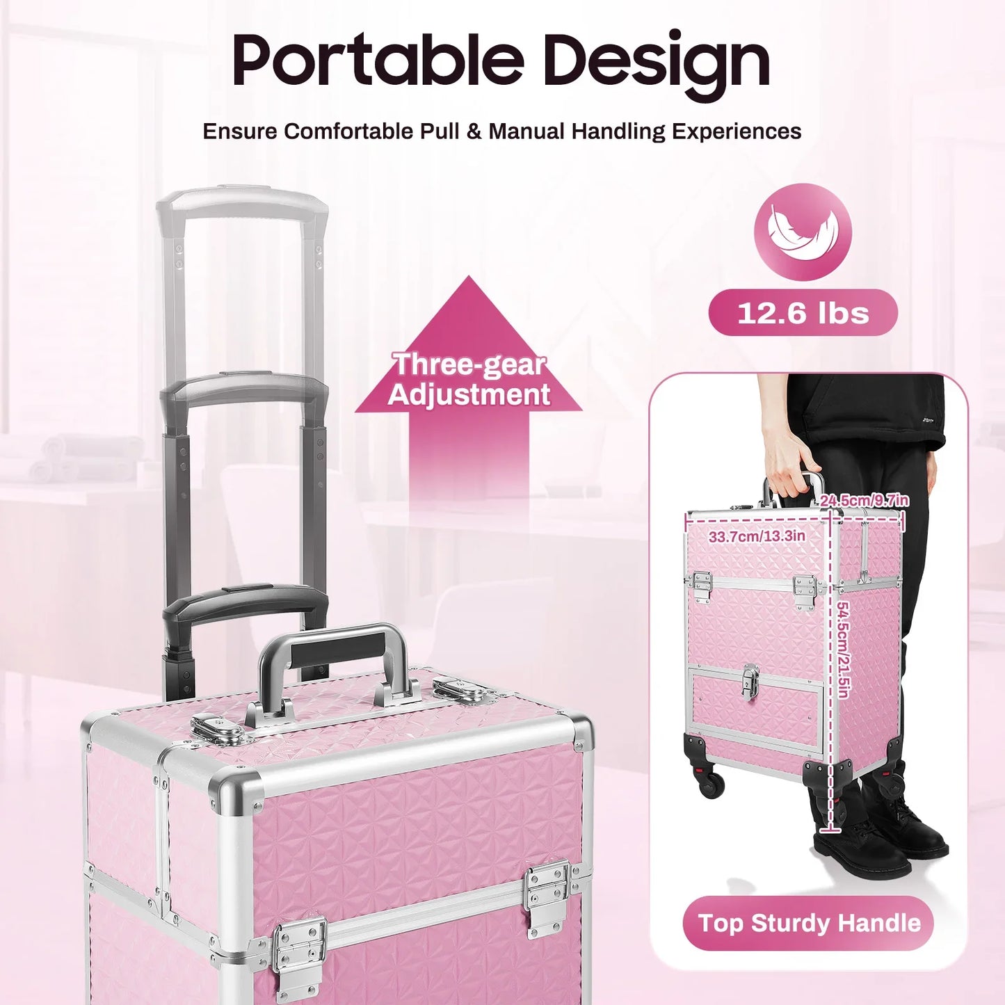 Rolling Makeup Train Case with Drawer and Nail Case for Manicure Storage, Ideal for Hair Stylists, Pet Groomers, Makeup Artists