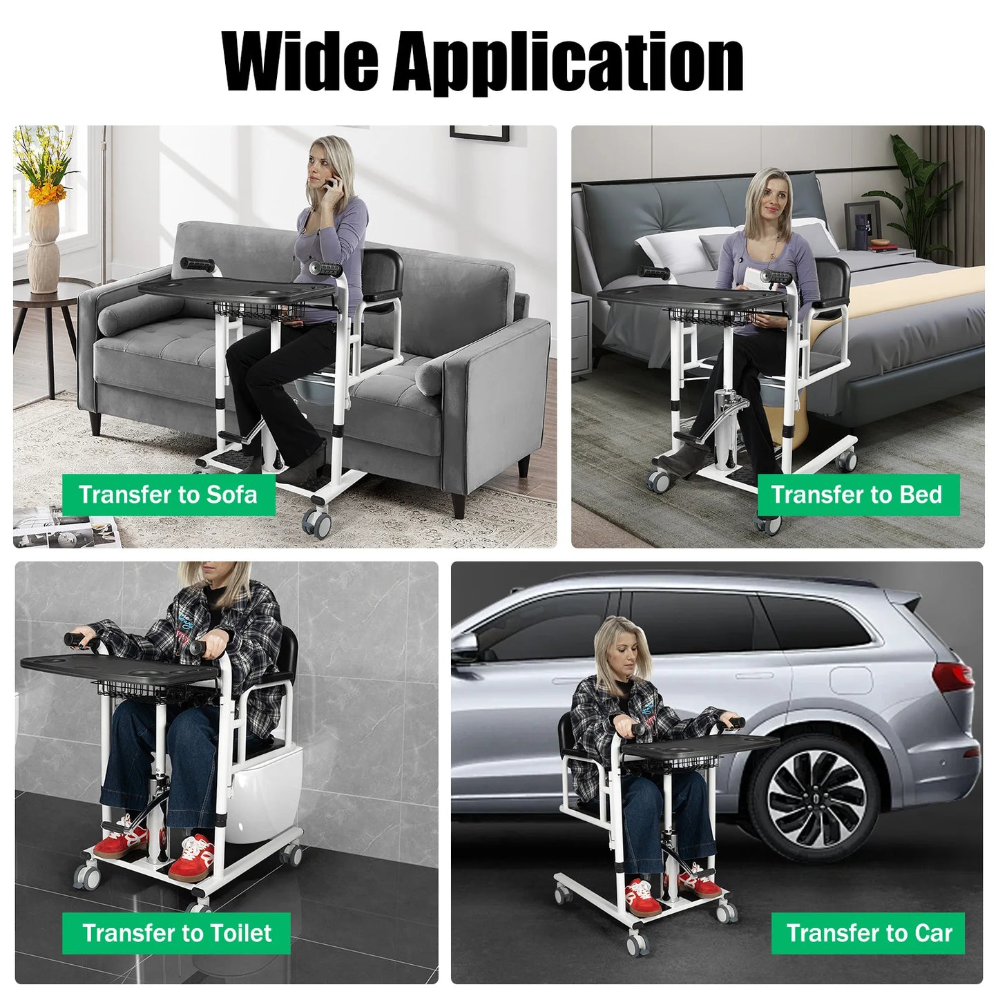 Hydraulic Transfer Chair 330.7LBS Load 11.9-18.2in Lift 180° Backrest 4 Brake Wheels for Elderly Disabled Care