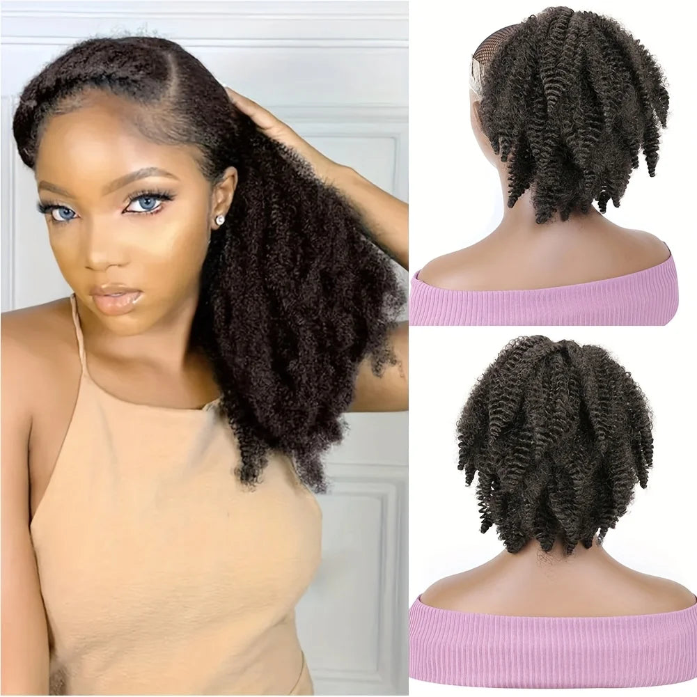 14 Inch Synthetic Afro Kinky Curly Drawstring Ponytail Short Marley Hair Drawstring Ponytail Afro Puff Bun Ponytail Braiding Hair Pony Tail With Clips Synthetic Hair Extension For Women