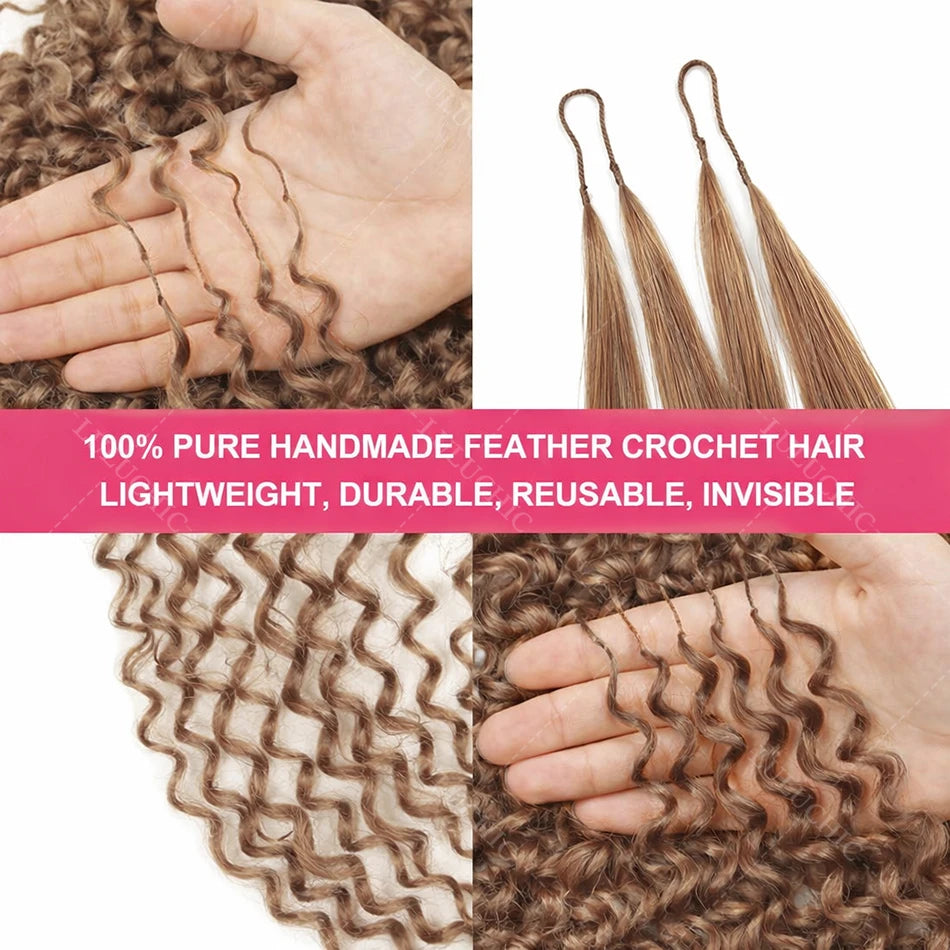Honey Blonde Reusable Small Spirals Curly Crochet Hair Knotless Pre-Separated Kinky Curly Feather Crochet Human Hair Extensions