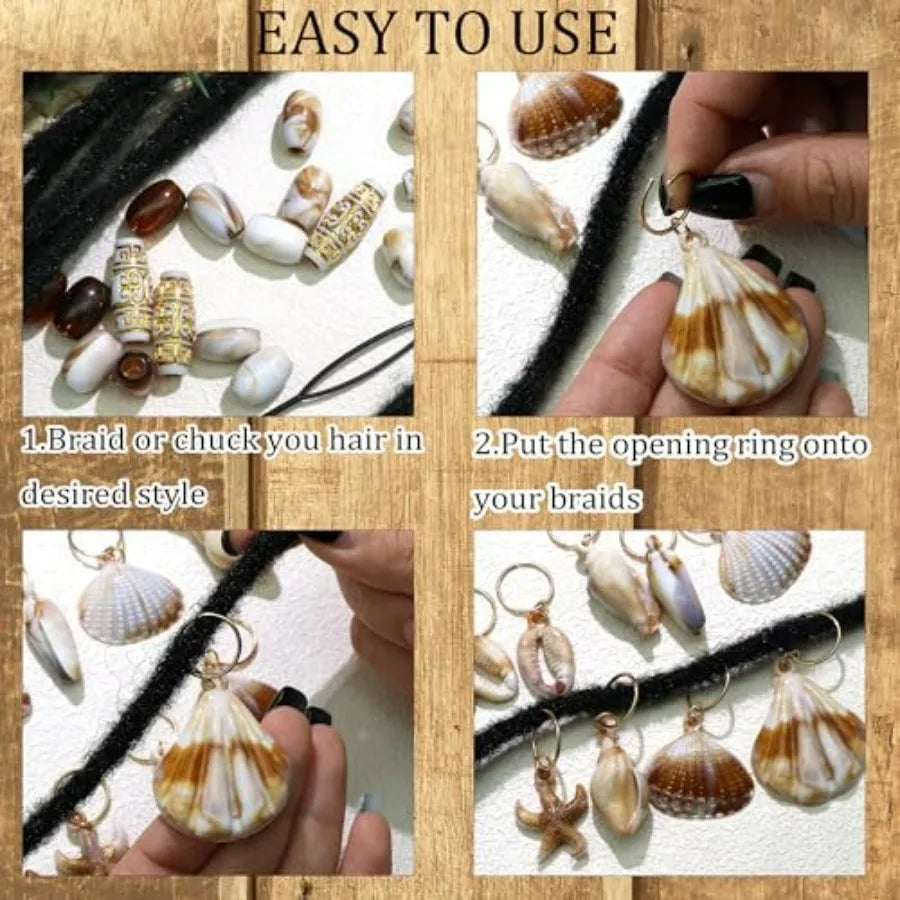 50PCS Shell Hair Jewelry for Braids Starfish Loc Dreadlock Charms Tansparent Brown White Braid Hair Tube Bead for Women