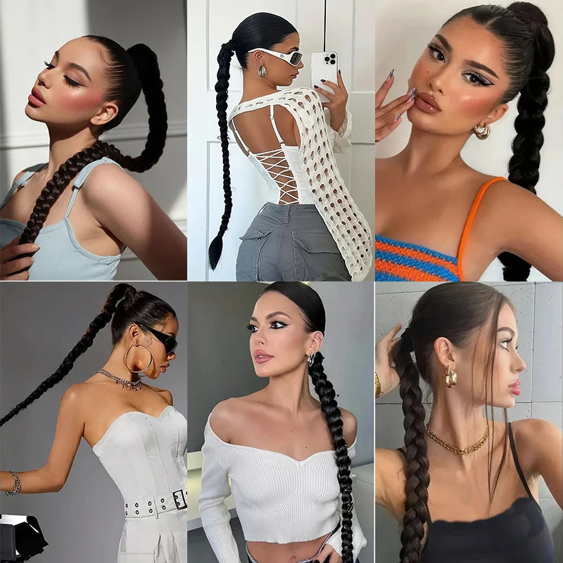 Long Braided Ponytail Synthetic Hair Extension,High Elasticity Hair Tie Design,Multiple Length Options,Ponytail Accessories