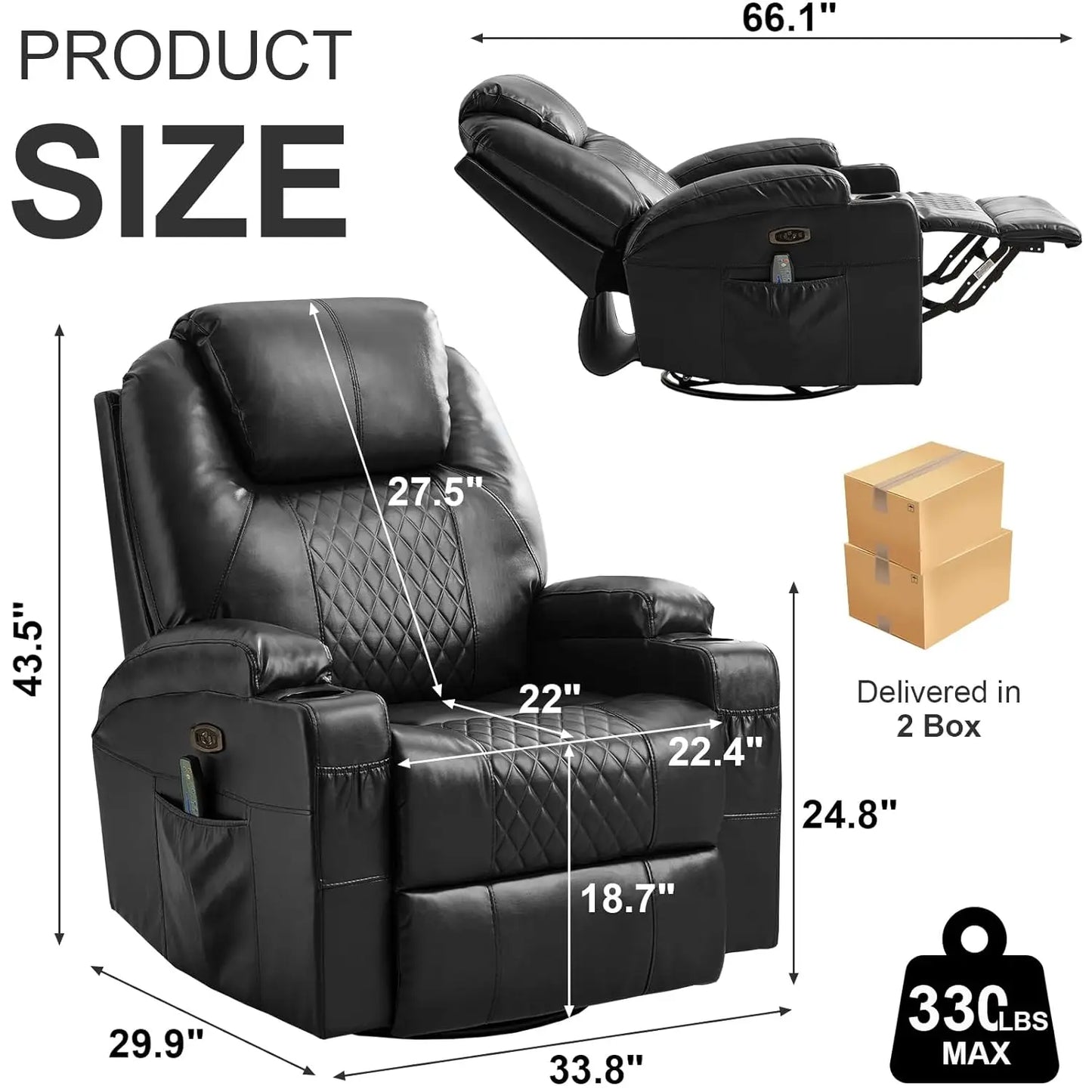 Power Swivel Rocker Recliner Chair with Heat and Massage, LED Lights, USB-A and USB-C Ports, Electric Glider, Customized