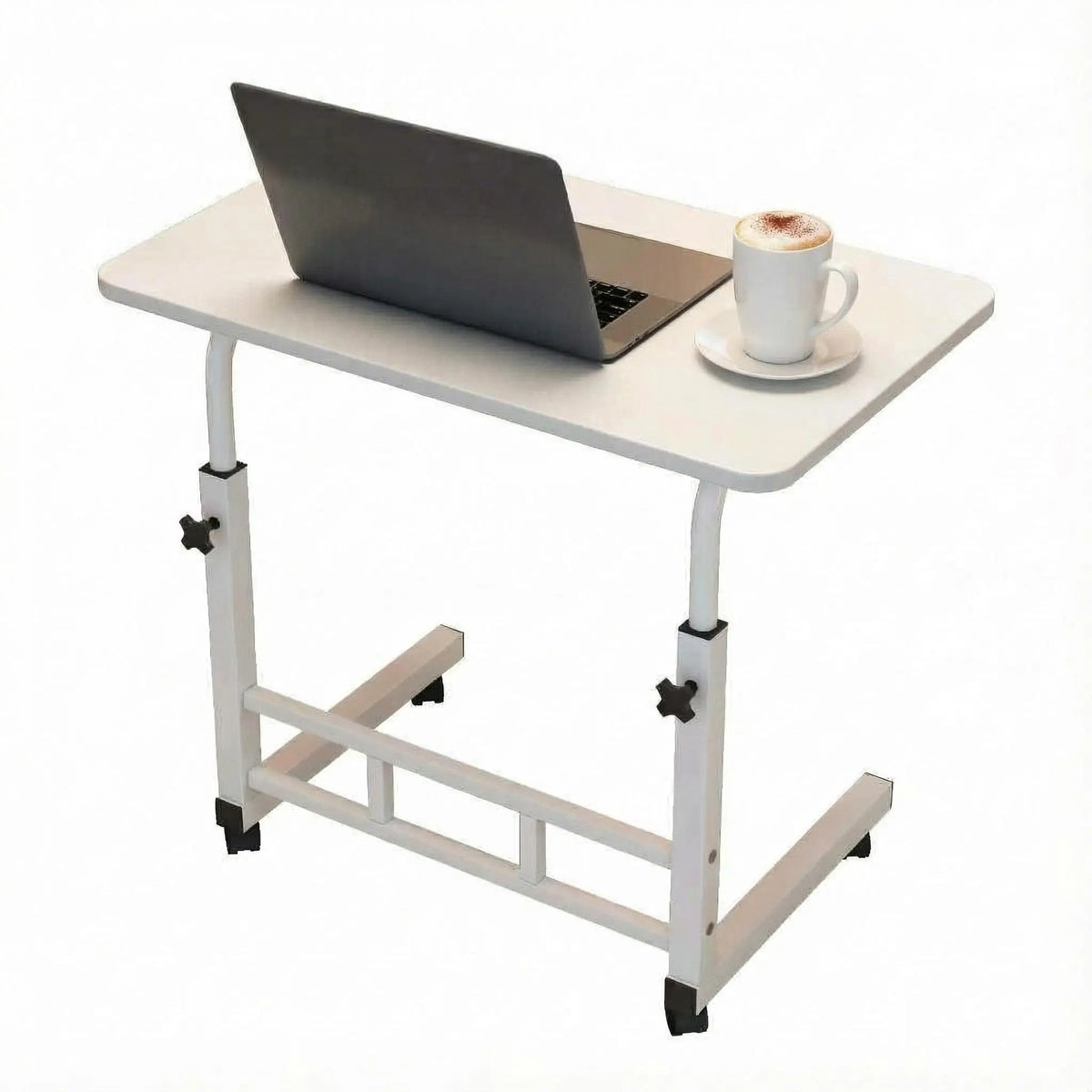 Adjustable Height Standing Desk with Wheels – Mobile C-Shape Laptop Workstation for Home Office, Bedroom & Sofa – Compact Design with Lockable Casters – White
