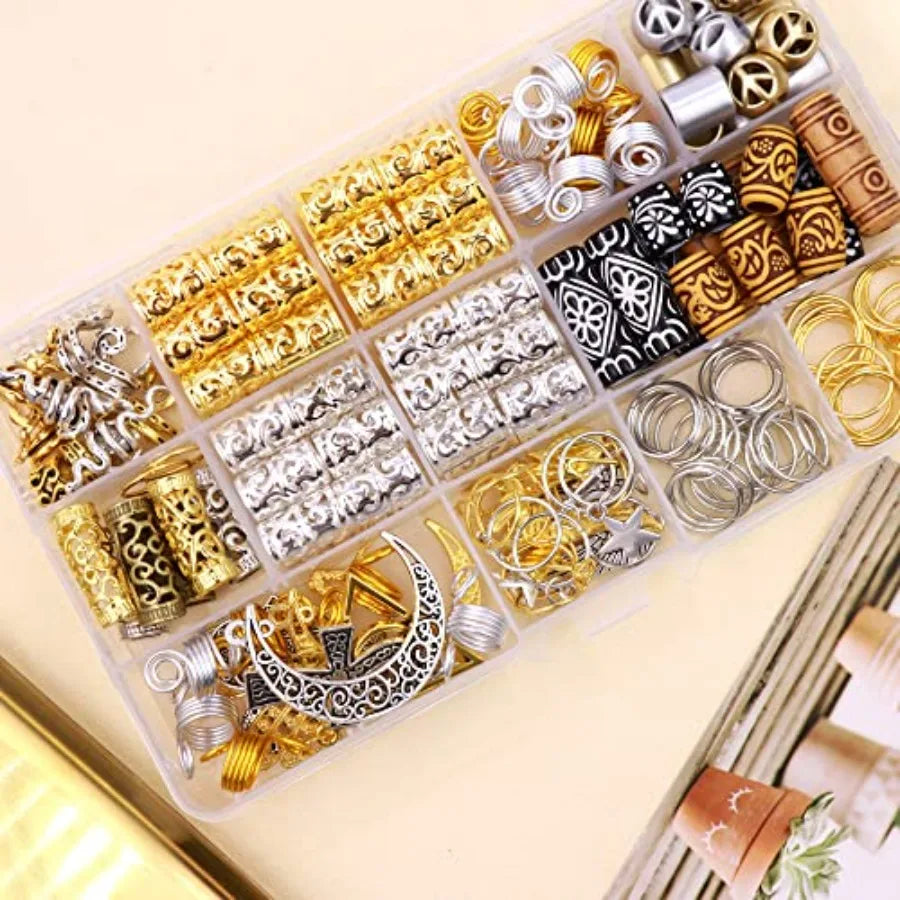 184Pcs GoldHair Jewelry for Braids Metal Alloy Snake Braid Clips Dreadlocks Accessories Loc Adornment Wood Beads Hair Charm Hai