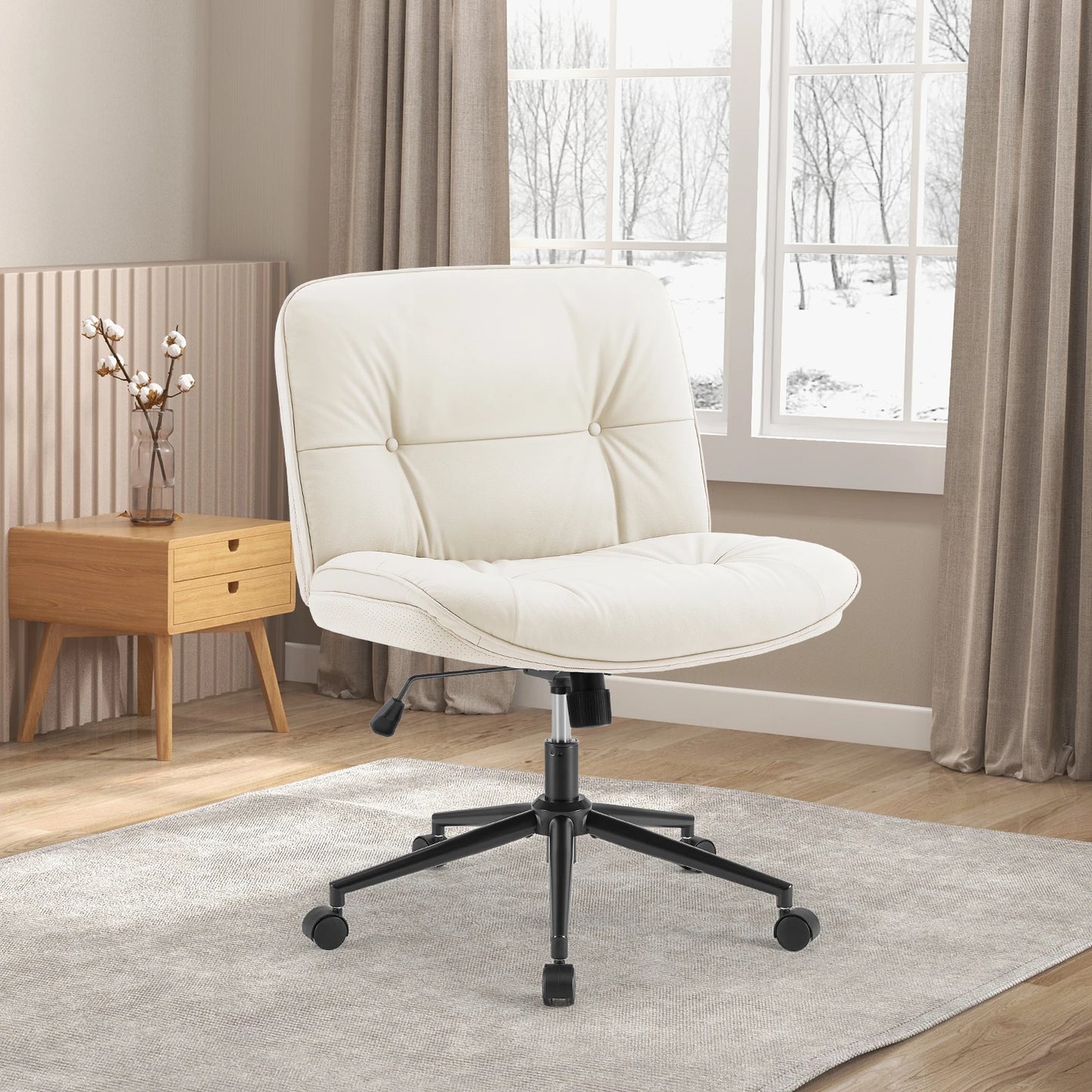 JHK Cross Legged PU Leather Office Chair with Wheels Armless Desk Chair Height Adjustable Swivel Wide Seating for Home Bedroom