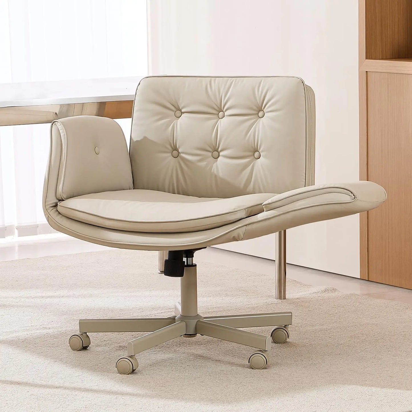 Criss Cross Chair With Armrests & Wheels, PU Leather Vanity Chair, Comfortable Adjustable Swivel Computer Office, Customized