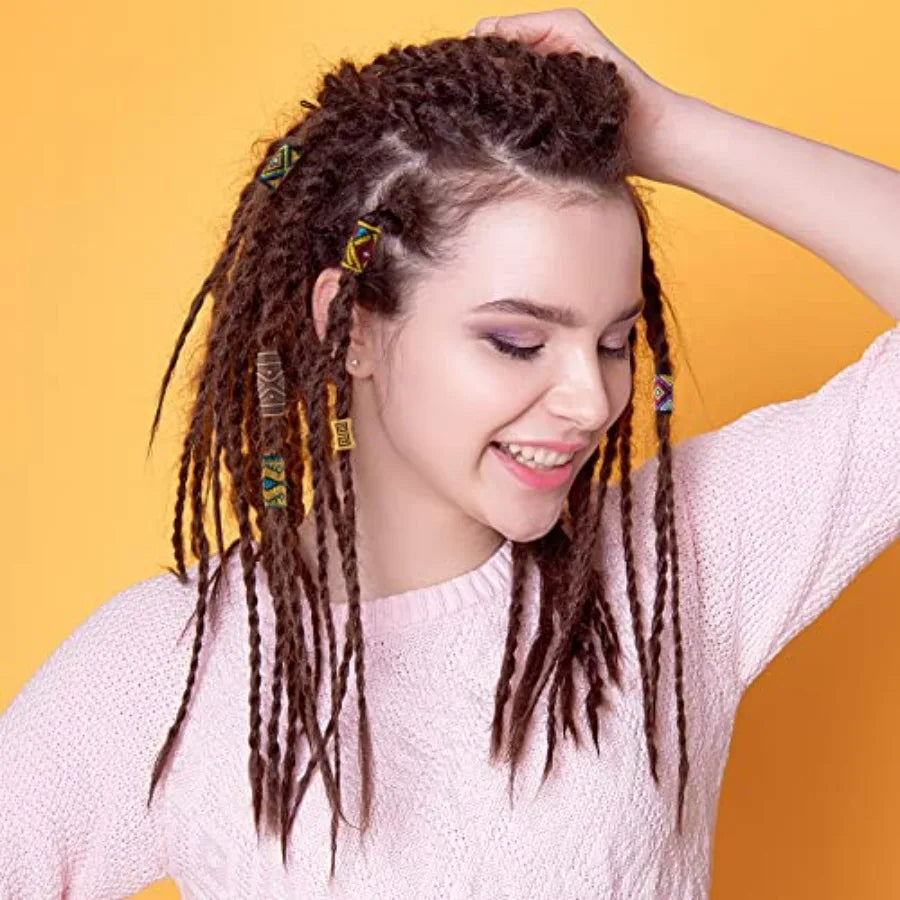 54 PCS Hair Jewelry Braids Fabric Dreadlock Beads Vintage Locks Hair Clips African Tube Beads Simulation Wood Dreadlock Accesso