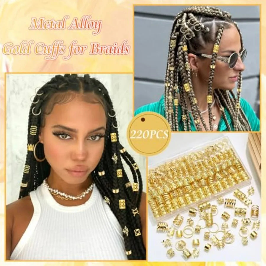 220PCS Gold Hair Jewelry Dreadlock Cuffs Braids Clips Metal Hair Cuff Rings Loc Charms Hair Beads Decorations Accessories for W