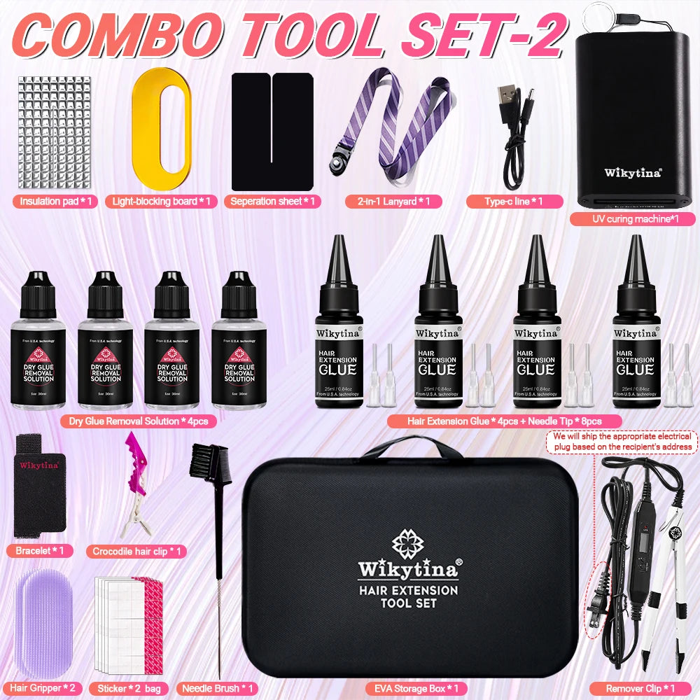 WIKYTINA Professional UV Light Hair Extension Kit - Complete Tool Set with UV Glue Remover Machine UV Hair Extension Machine