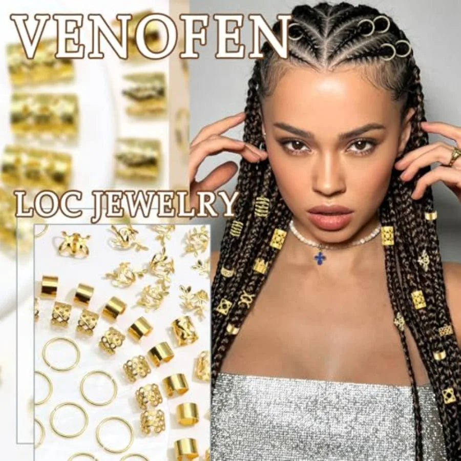 220PCS Gold Hair Jewelry Dreadlock Cuffs Braids Clips Metal Hair Cuff Rings Loc Charms Hair Beads Decorations Accessories for W