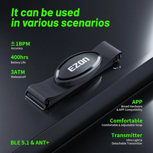 Heart Rate Monitor Chest Strap, Bluetooth 5.1 & ANT+ Sensor, 3ATM Waterproof, Compatible with Garmin, Wahoo, Polar