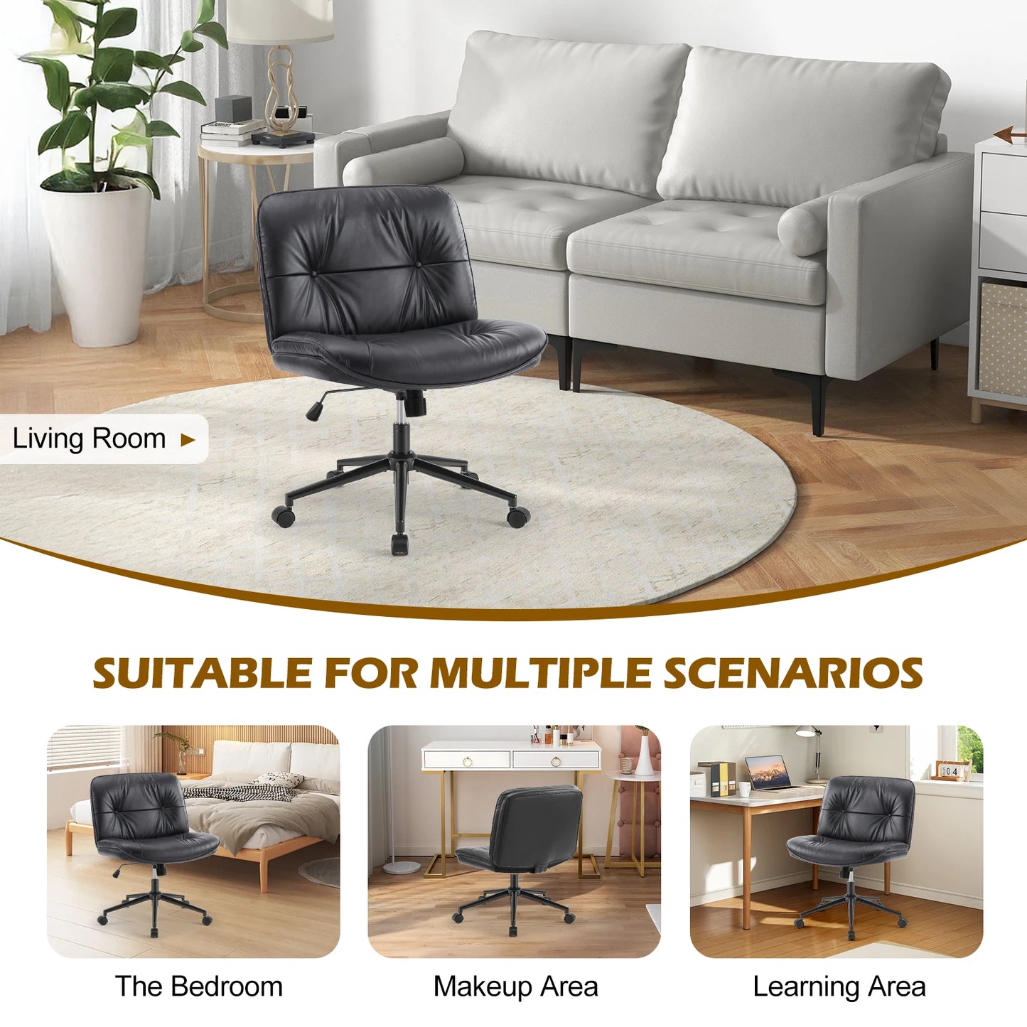 JHK Cross Legged PU Leather Office Chair with Wheels Armless Desk Chair Height Adjustable Swivel Wide Seating for Home Bedroom