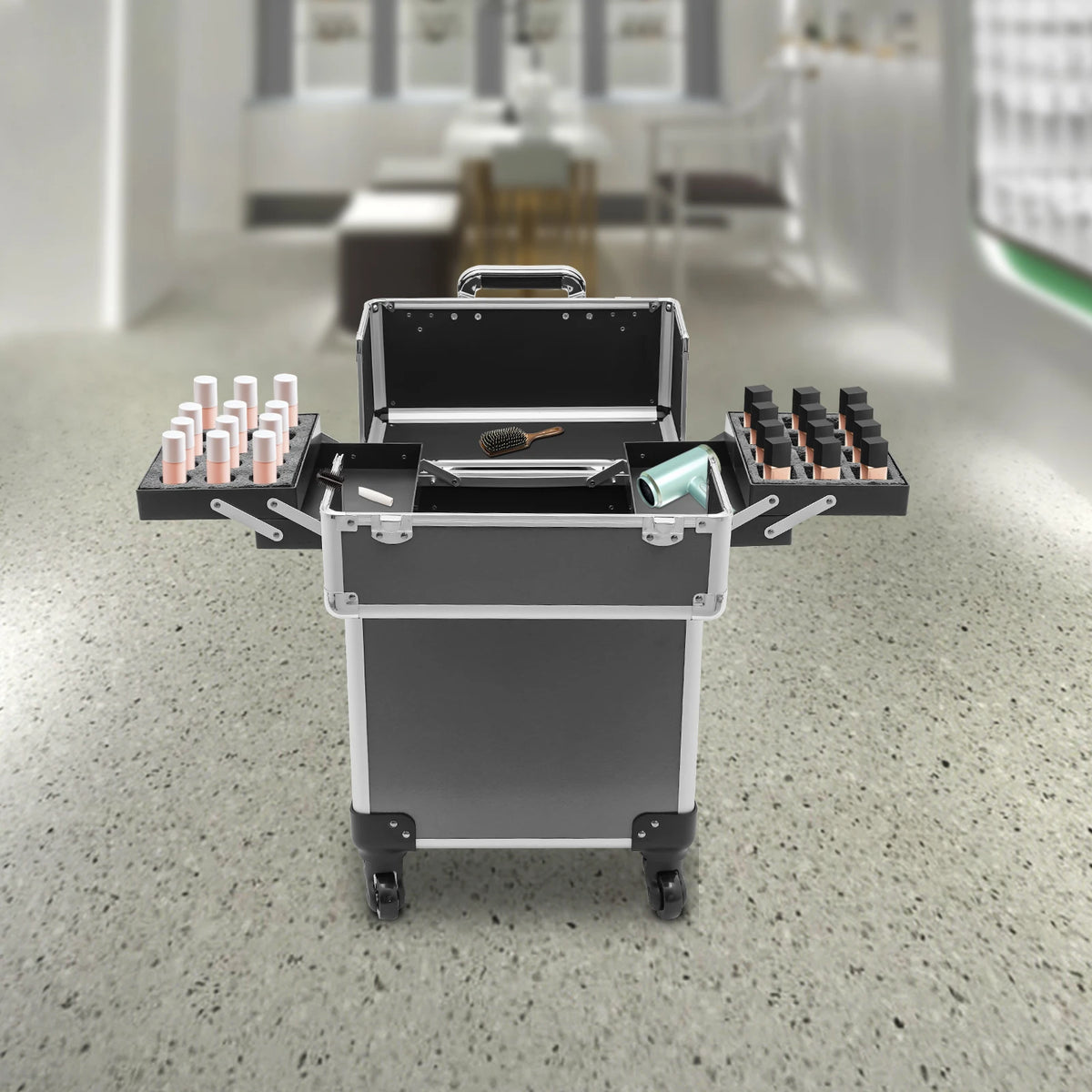 Rolling Makeup Case With Detachable Wheels for Cosmetic Tool Storage
