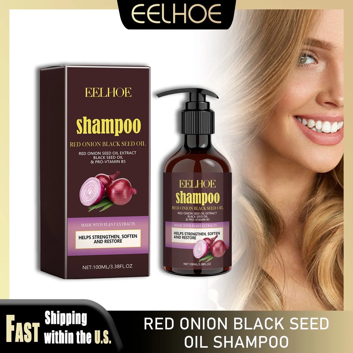EELHOE Red Onion Oil Shampoo Deep Cleansing Repair Damaged Hairs Strengthen Hair Roots Anti Dryness Frizzy for All Hair Types