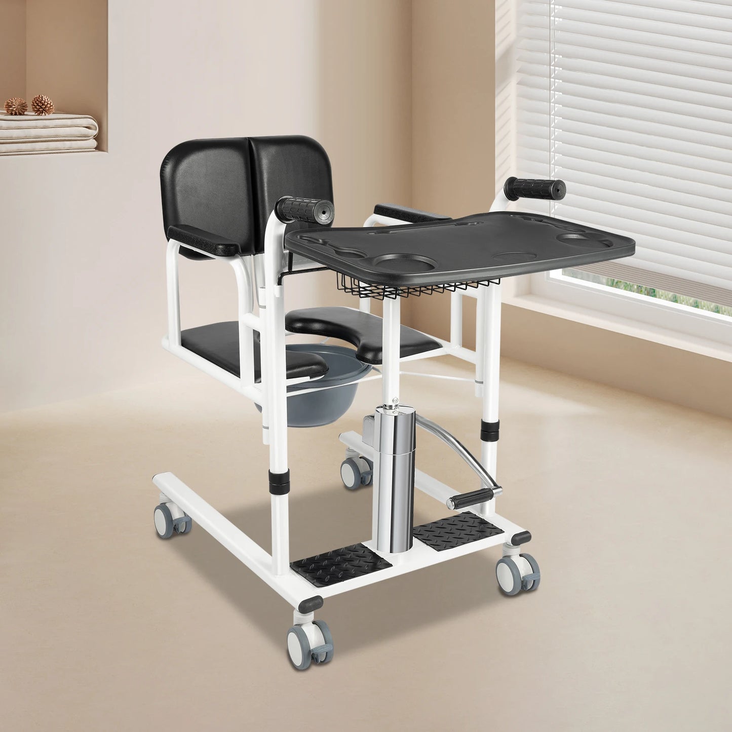 Hydraulic Transfer Chair 330.7LBS Load 11.9-18.2in Lift 180° Backrest 4 Brake Wheels for Elderly Disabled Care