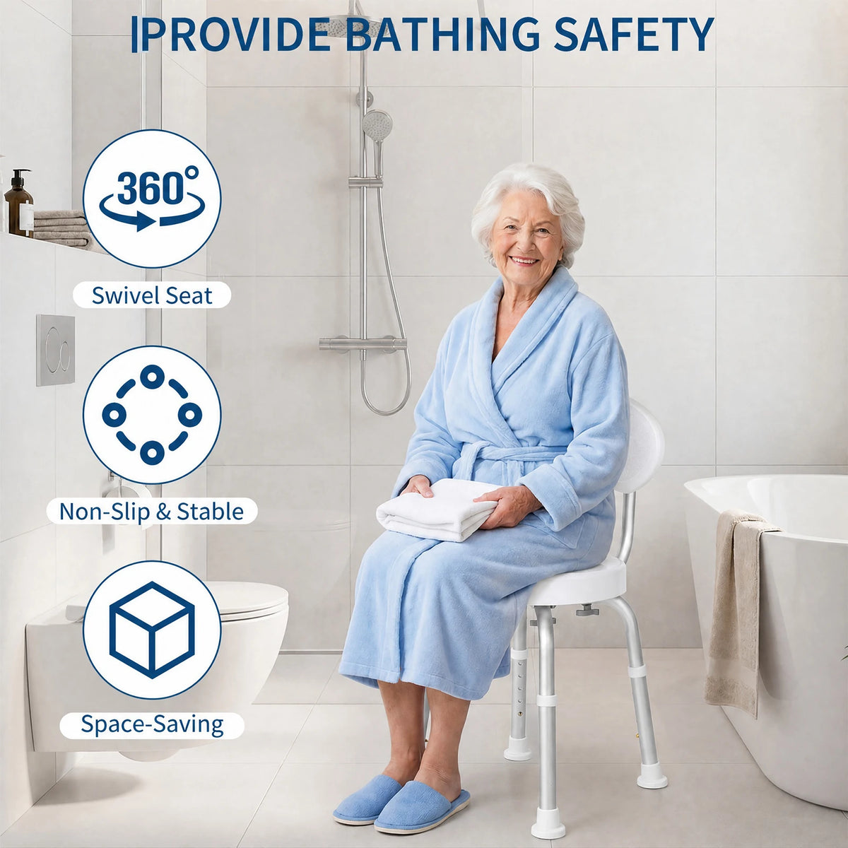 60° Swivel Shower Chair with Backrest – Non-Slip, Height Adjustable Bath Seat – Compact Support for Elderly, Seniors & Disabled – Supports 150kg