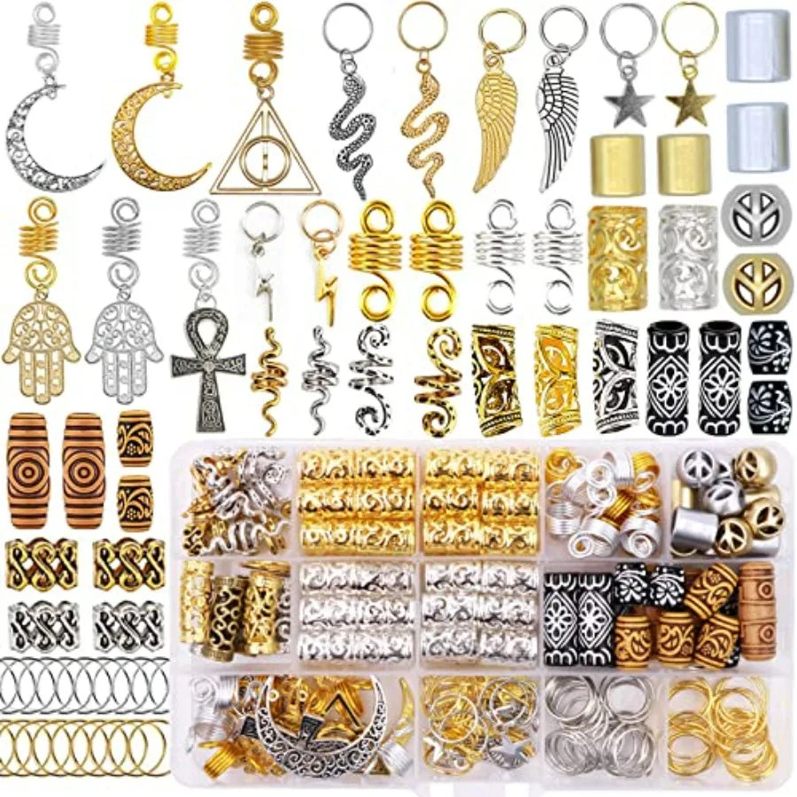 184Pcs GoldHair Jewelry for Braids Metal Alloy Snake Braid Clips Dreadlocks Accessories Loc Adornment Wood Beads Hair Charm Hai