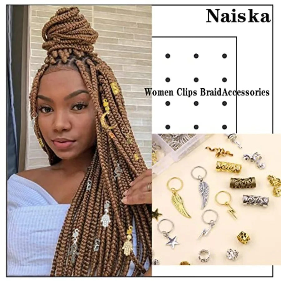 184Pcs GoldHair Jewelry for Braids Metal Alloy Snake Braid Clips Dreadlocks Accessories Loc Adornment Wood Beads Hair Charm Hai