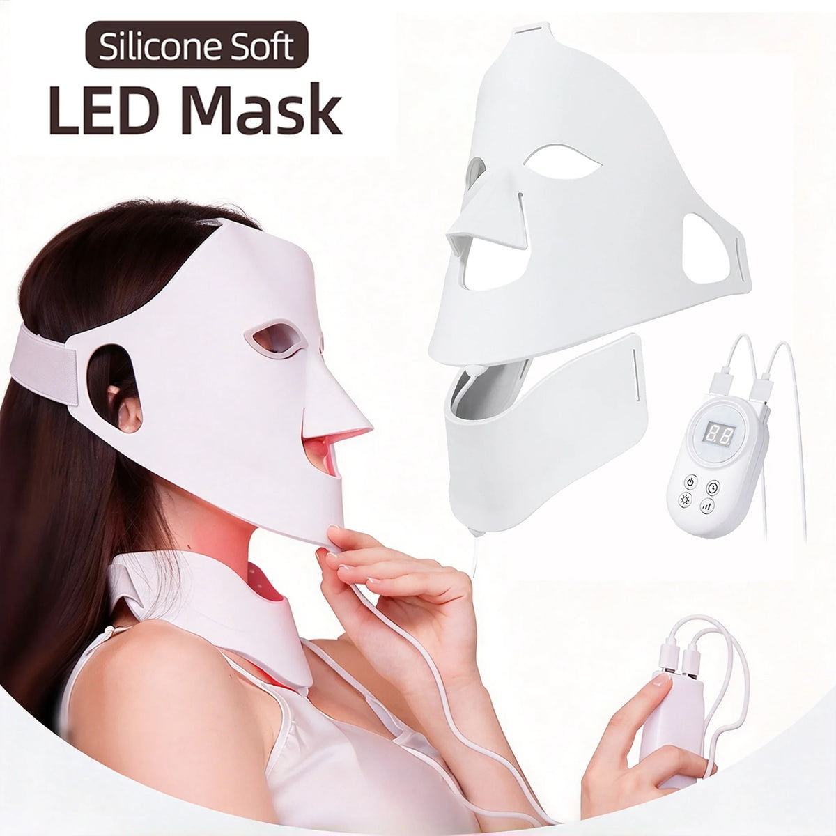3D Flexible Silicone LED Facial Mask 7 Color Photon Light Face & Neck Beauty Mask Wireless Red Infrared Skin Repair SPA Mask