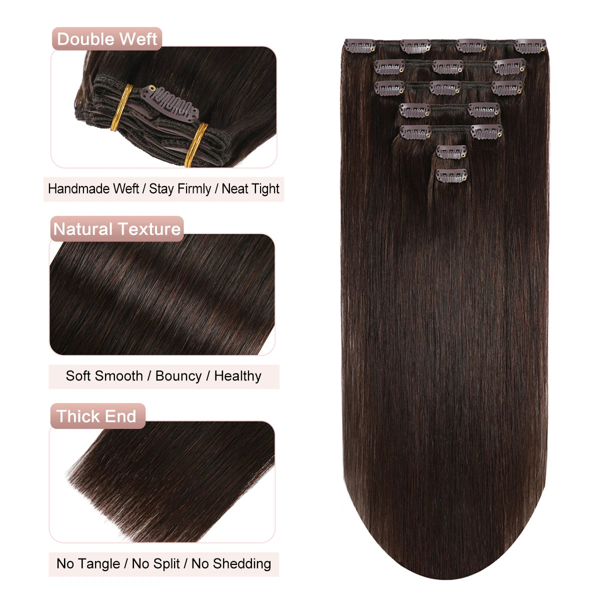 Dark Brown 2# Real Human HairClip-in Human Hair Extensions 7Pcs Straight Remy 70-80g Hair Quick And Easy Hair Length And Volume