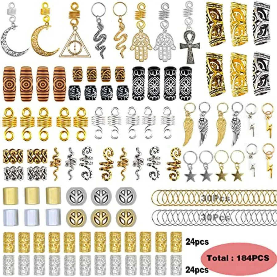 184Pcs GoldHair Jewelry for Braids Metal Alloy Snake Braid Clips Dreadlocks Accessories Loc Adornment Wood Beads Hair Charm Hai