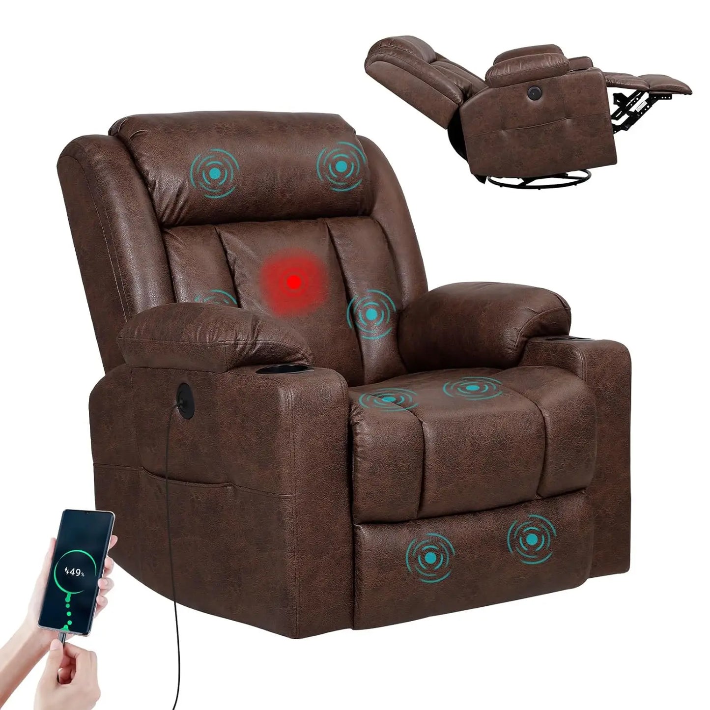 360° Swivel Rocking Recliner Chair with Massage, Heat, USB & Type-C Ports, Comfortable Lounge Seat, Customized