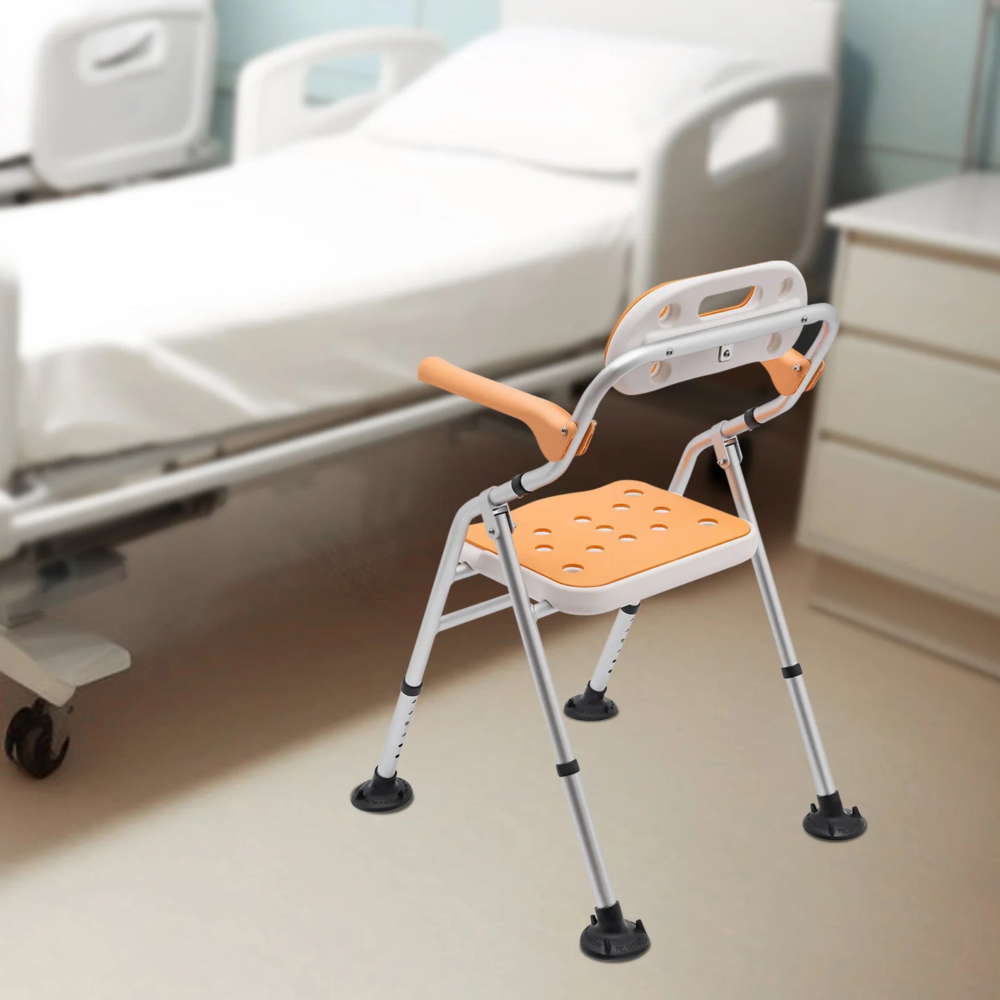 Shower Chair with Armrests Backrest Height Adjustable Shower Stool Folding Shower Seat Bathroom Stool Bath Chair Orange