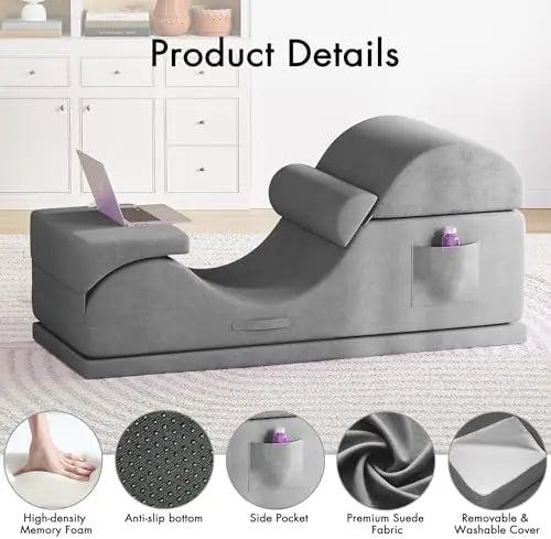 Convertible Yoga Chair for Adults, Ergonomic Foam Lounge with Lumbar Pillow, Washable Cover, Side Pocket, No Assembly