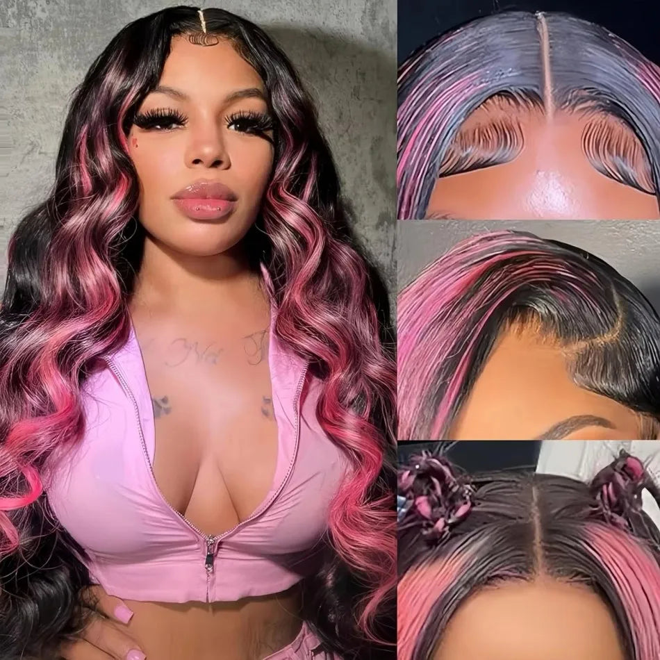 Pink Highlight Ombre Body Wave Human Hair Wigs 13x6 Hd Lace Frontal Wig Colored Pre Plucked Lace Front Wig 250 Density For Women