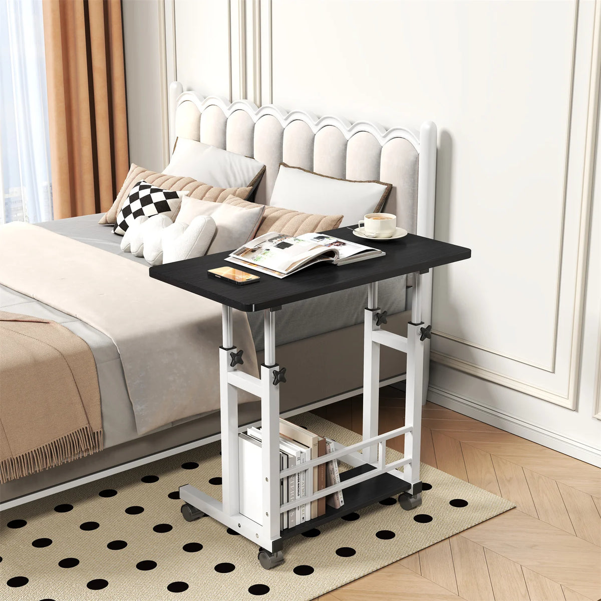 Adjustable Height Mobile Standing Desk, 80.0 cm x 40.0 cm Rolling Laptop Table with Storage Basket, Portable Sit to Stand Workstation with Locking Casters for Small Spaces, Home Office, Black