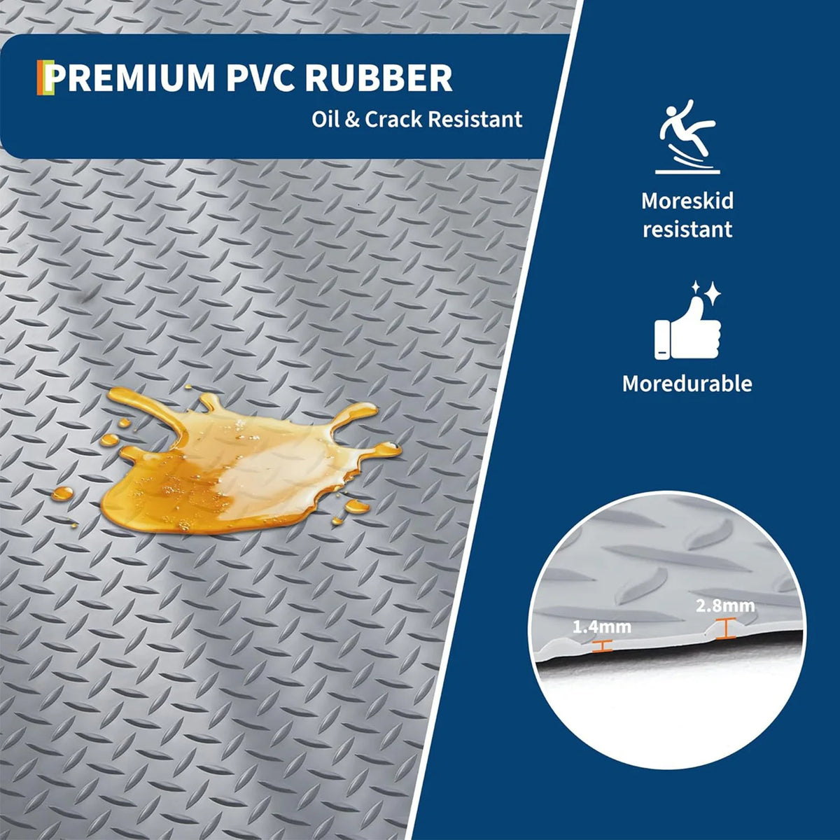 7.5x17FT Industrial Garage Flooring Roll 2.8mm PVC Floor Mat Diamond Tread Under Car Protector Workshop Gym Waterproof Liner