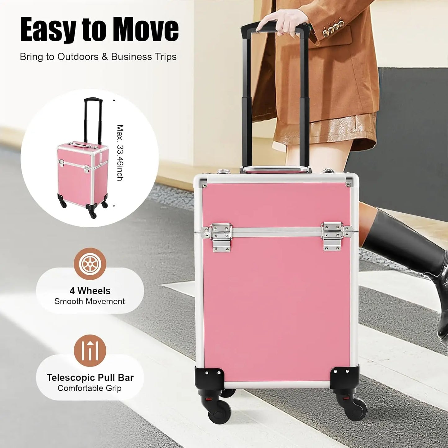 Professional Rolling Makeup Train Case w/Drawer,Cosmetic Case Trolley w/Locks,Large Cosmetic Trolley Cosmetics Storage Organizer