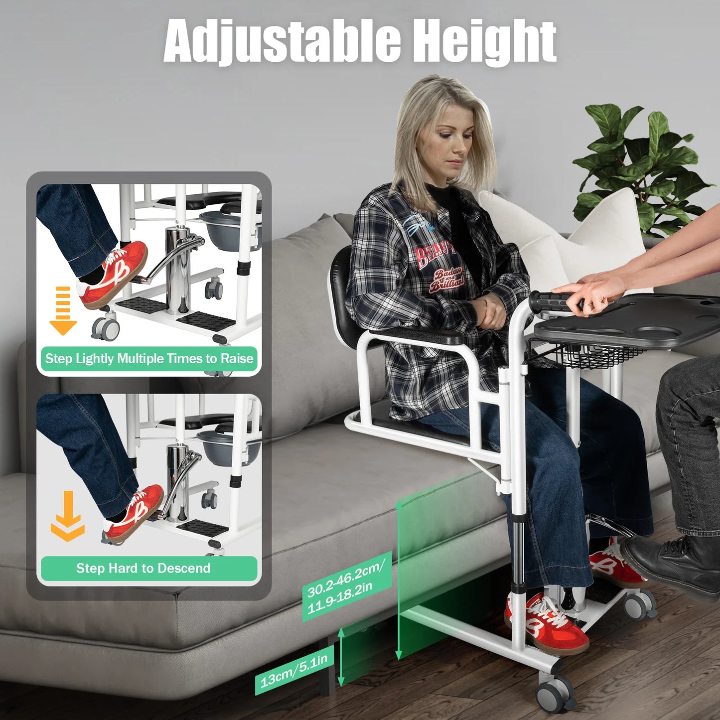Hydraulic Transfer Chair 330.7LBS Load 11.9-18.2in Lift 180° Backrest 4 Brake Wheels for Elderly Disabled Care