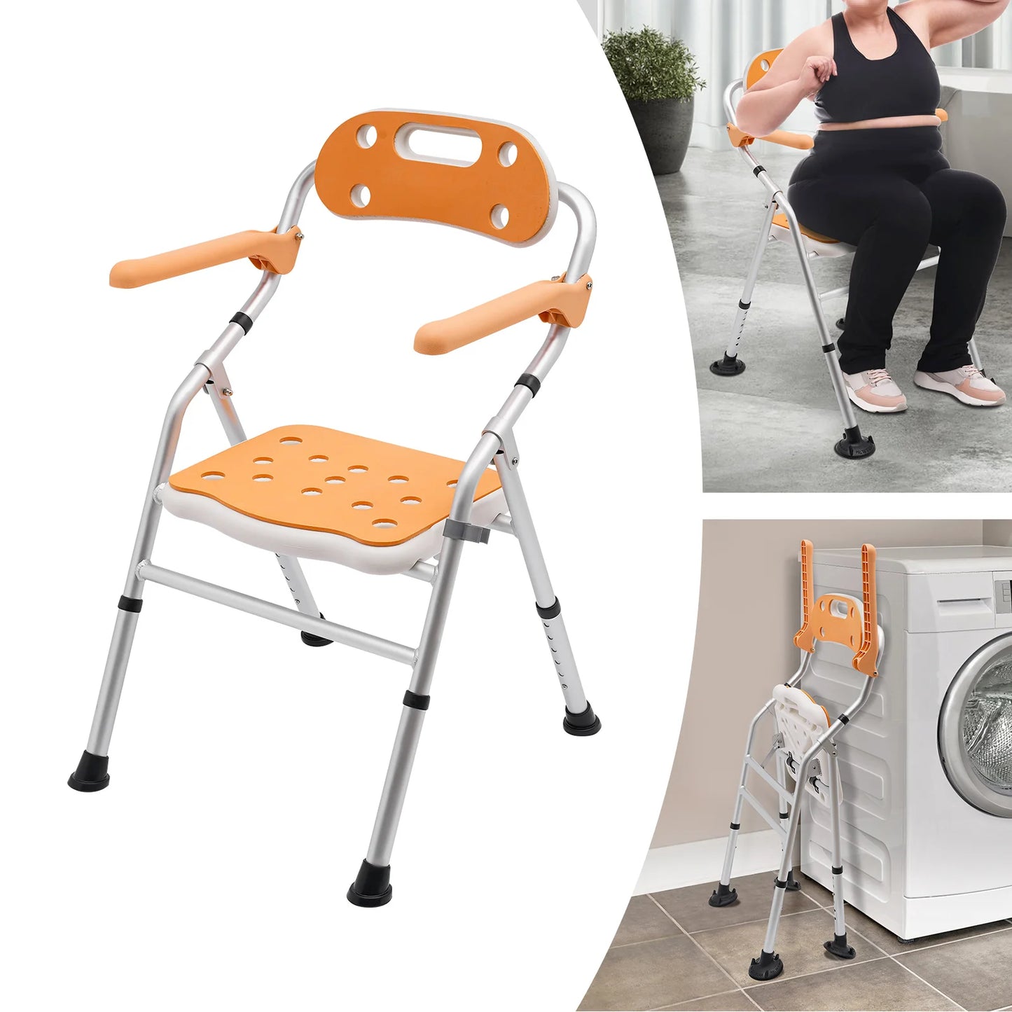 Shower Chair with Armrests Backrest Height Adjustable Shower Stool Folding Shower Seat Bathroom Stool Bath Chair Orange