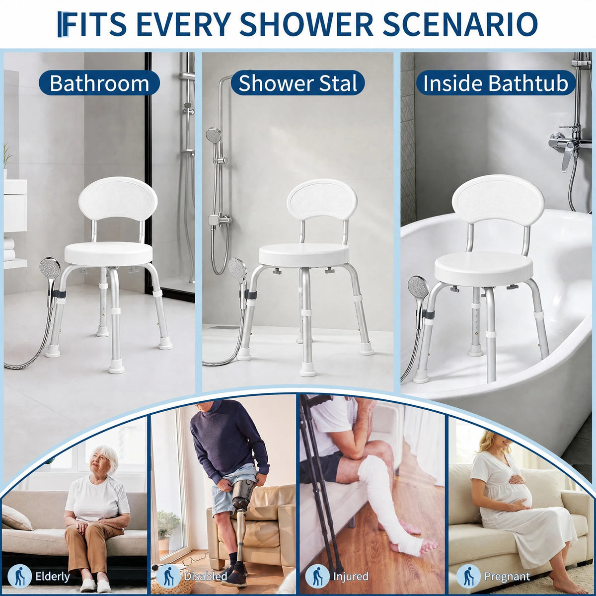 60° Swivel Shower Chair with Backrest – Non-Slip, Height Adjustable Bath Seat – Compact Support for Elderly, Seniors & Disabled – Supports 150kg