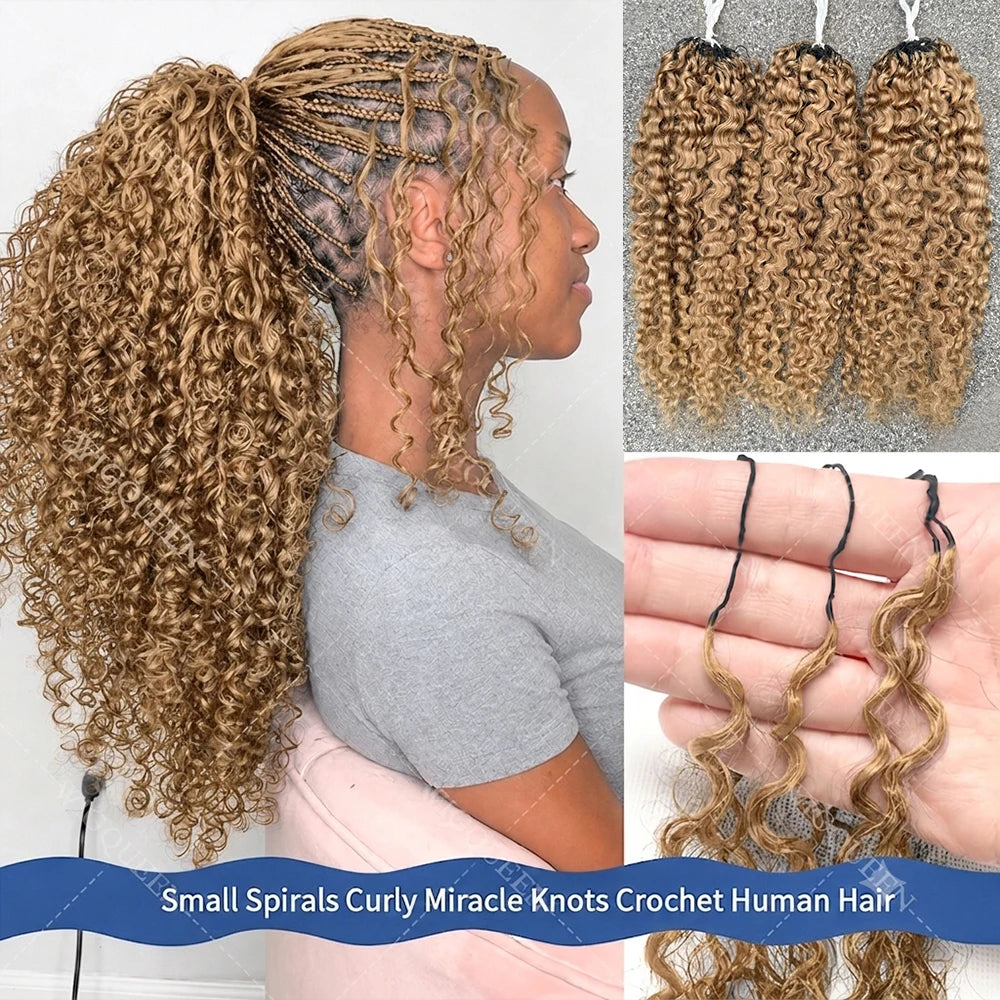 Salon Quality Honey Blonde Small Spirals Curly Miracle Knots Crochet Bulk Human Hair For Boho Braiding Knotless Pre-Separated Kinky Curly Feather Crochet Human Hair Extensions Unprocessed 100% Vietnamese Human Hair Can Ponyta