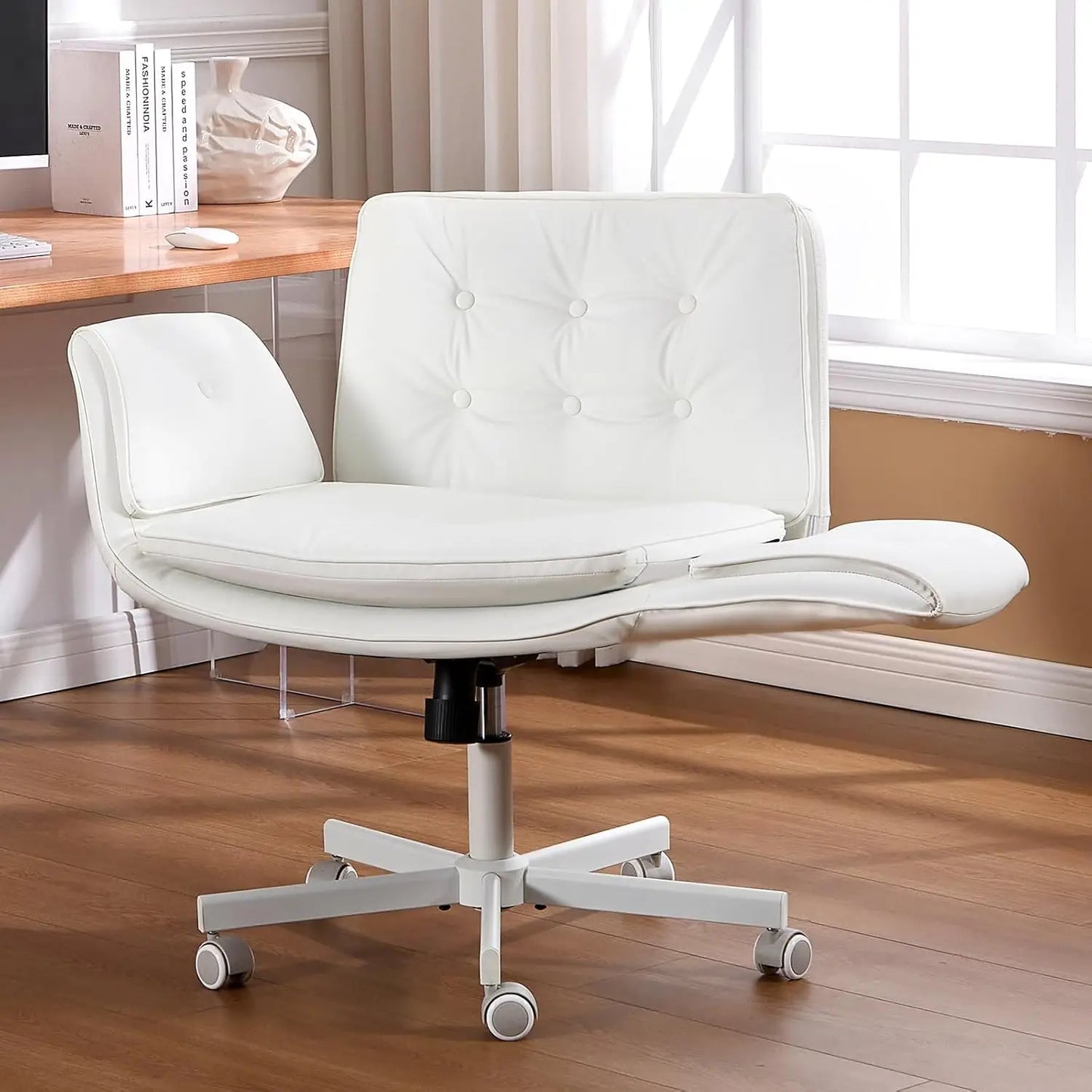 Criss Cross Chair With Armrests & Wheels, PU Leather Vanity Chair, Comfortable Adjustable Swivel Computer Office, Customized