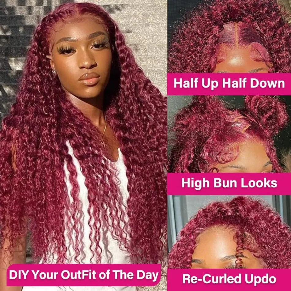 13X6 Hd Lace Frontal Wigs 99J Burgundy 250 Density Deep Wave Human Hair Wigs 100% Human Hair For Women Pre Plucked Brazilian Wig