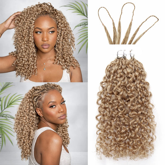 #27 Burmese Kinky Curly Feather Crochet Hair Extensions Honey Blonde Color Knotless Curly Human Hair Pre Separated For Women
