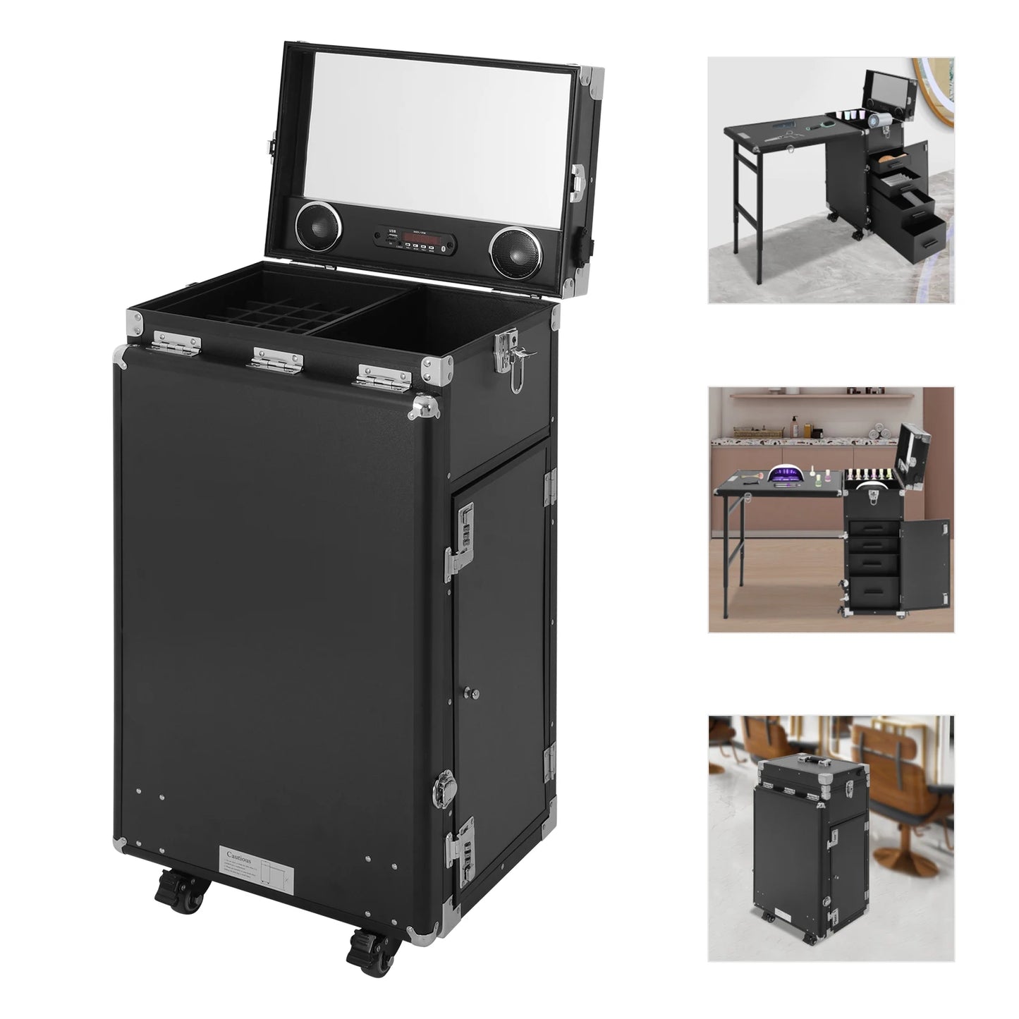 Rolling Manicure Makeup Table with 2 Built-In Bluetooth Music Speakers Portable Mirror Remote Control Professional Makeup Case