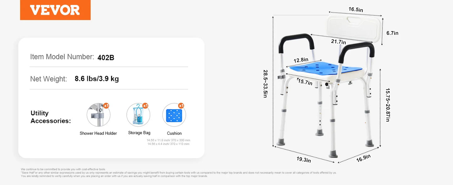 SucceBuy Shower Chair Seat with Padded Armrest and Back for Shower Bathtub Adjustable Height Bath Chair for Elderly Disabled