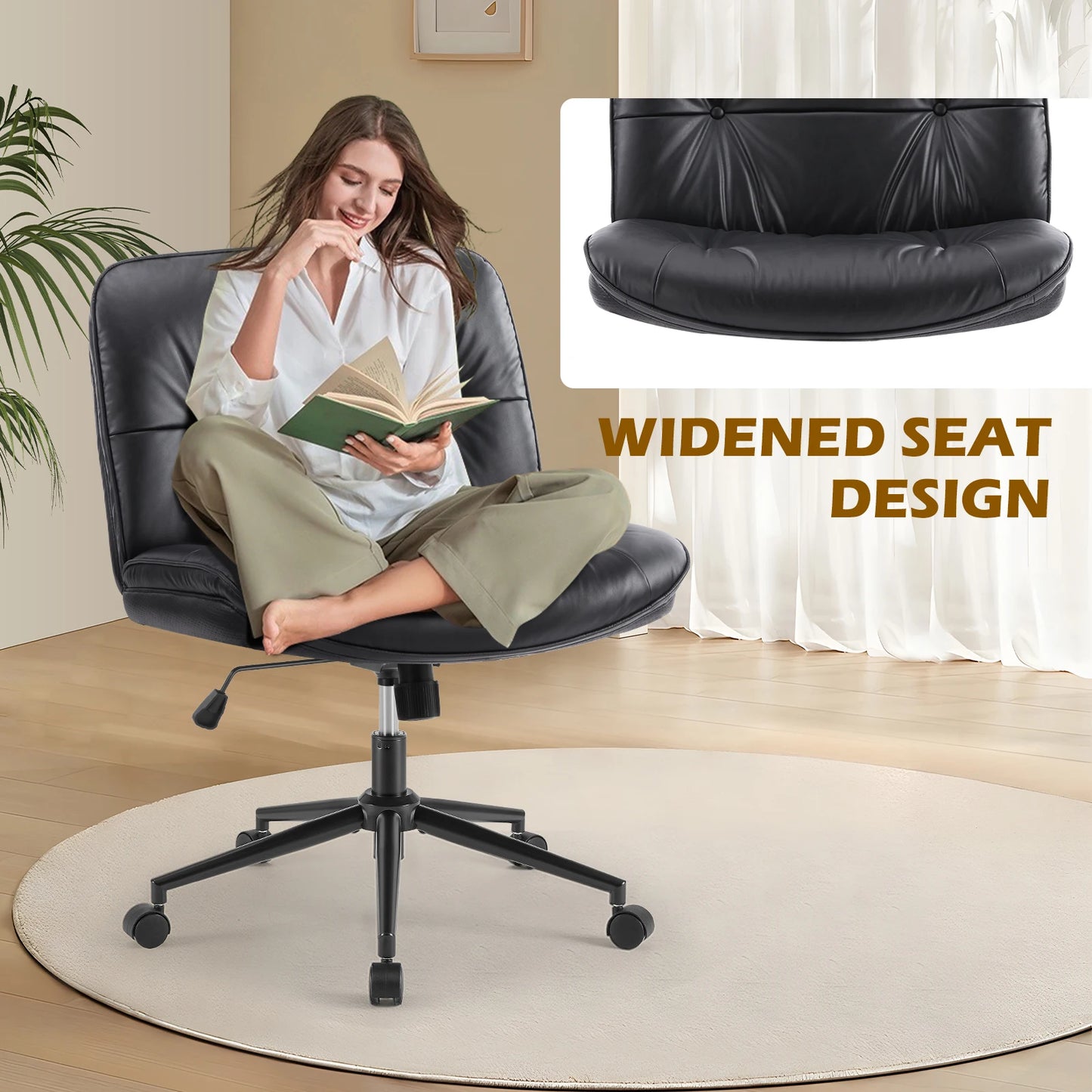 JHK Cross Legged PU Leather Office Chair with Wheels Armless Desk Chair Height Adjustable Swivel Wide Seating for Home Bedroom