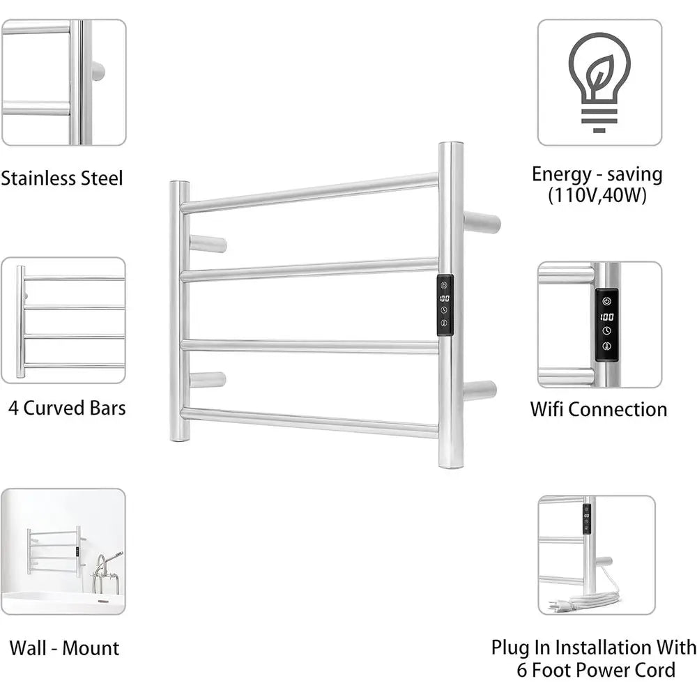 KEG Smart WiFi Towel Warmer Wall Mounted with Built-in Timer and Temperature Adjust Control, 4 Bars Electric Stainless Steel Hea