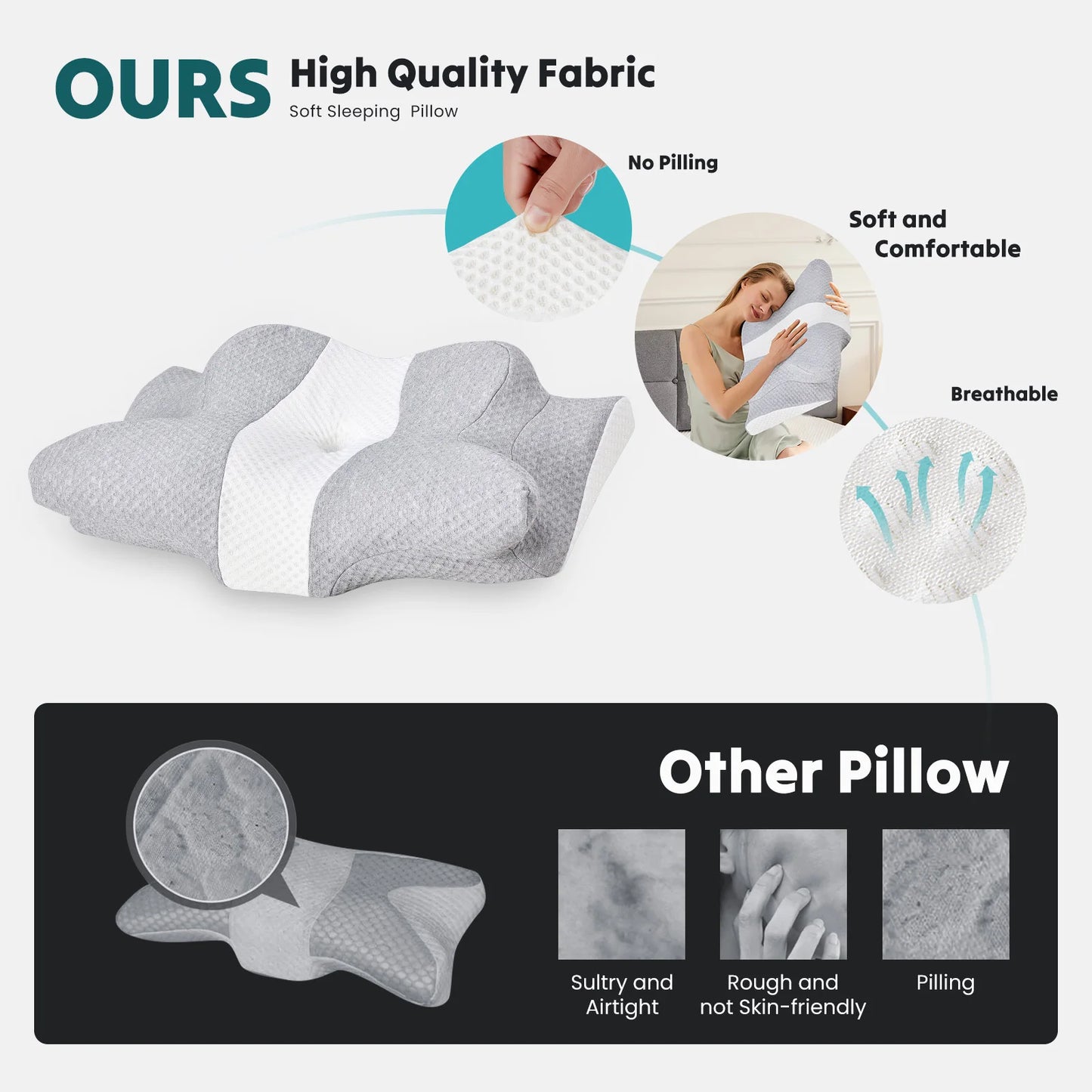 JHK Cervical Neck Pillow for Sleeping Cooling Ergonomic Memory Foam Pillow with Ice Silk Pillowcase Support Contour for Side